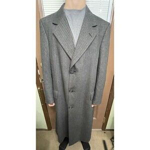 Hart Schaffner Marx Wool Overcoat Mens 47L Gray Herringbone Three Button